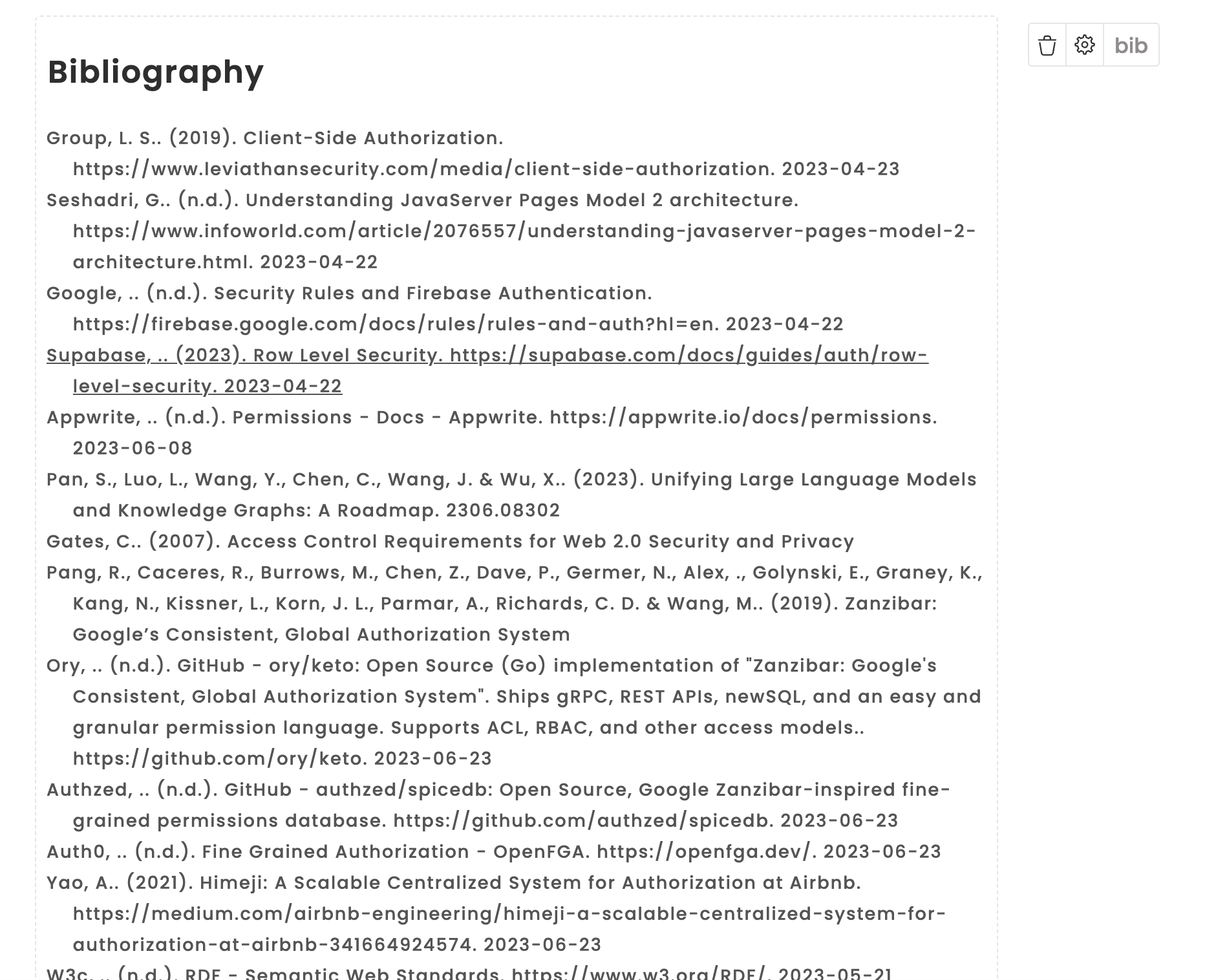 A screenshot showing the bibliography added to the the MonsterWriter editor