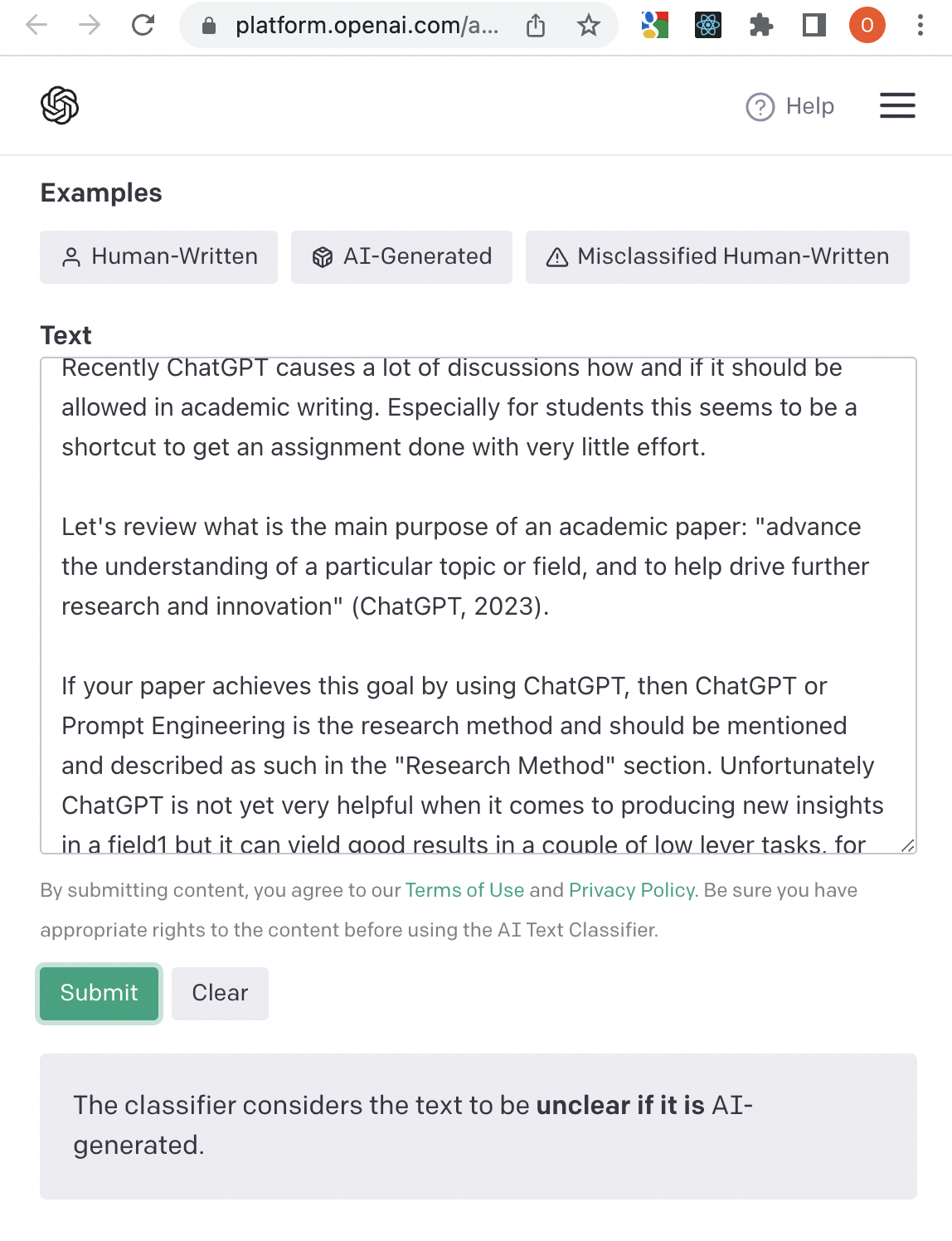 A screenshot of the openAI text classifier to detect text written by AI (ChatGPT, etc..)